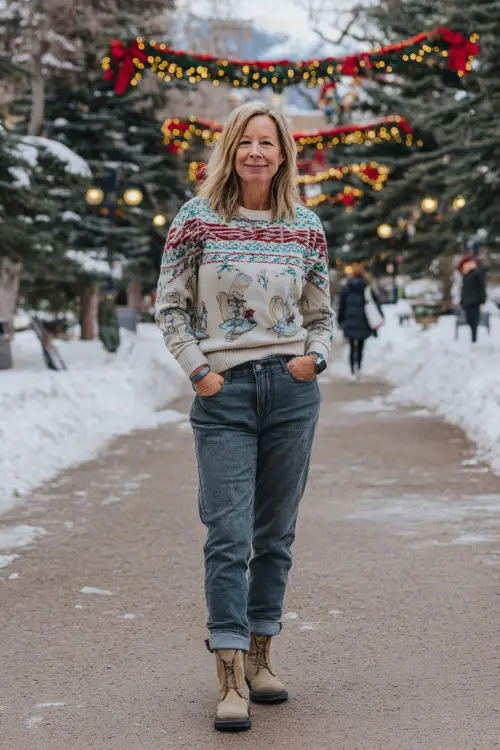 A woman over 50 in a playful winter-themed sweater with straight-leg jeans and suede boots, standing outdoors near festive garlands and snowy trees 