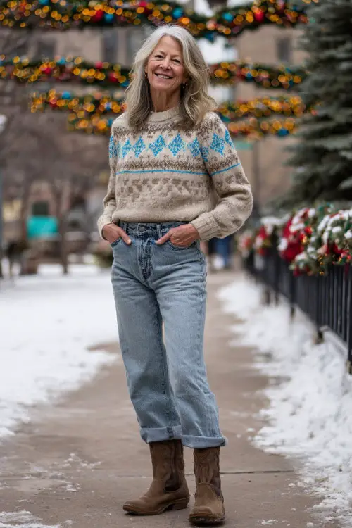 A woman over 50 in a playful winter-themed sweater with straight-leg jeans and suede boots, standing outdoors near festive garlands and snowy trees 