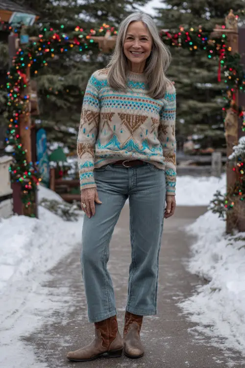 A woman over 50 in a playful winter-themed sweater with straight-leg jeans and suede boots, standing outdoors near festive garlands and snowy trees