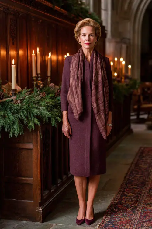 A woman over 50 in a plum wool dress with a matching scarf and classic pumps
