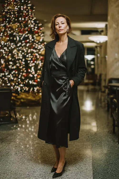 A woman over 50 in a sleek black satin wrap dress with a tailored long coat and pointed heels, standing at an upscale Christmas evening party with glowing lights 