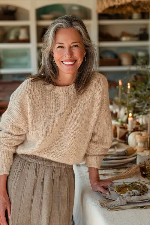 A woman over 50 in a soft beige knit sweater tucked into a pleated skirt with tights and loafers, smiling while setting a cozy Thanksgiving table 
