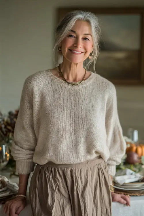 A woman over 50 in a soft beige knit sweater tucked into a pleated skirt with tights and loafers, smiling while setting a cozy Thanksgiving table 