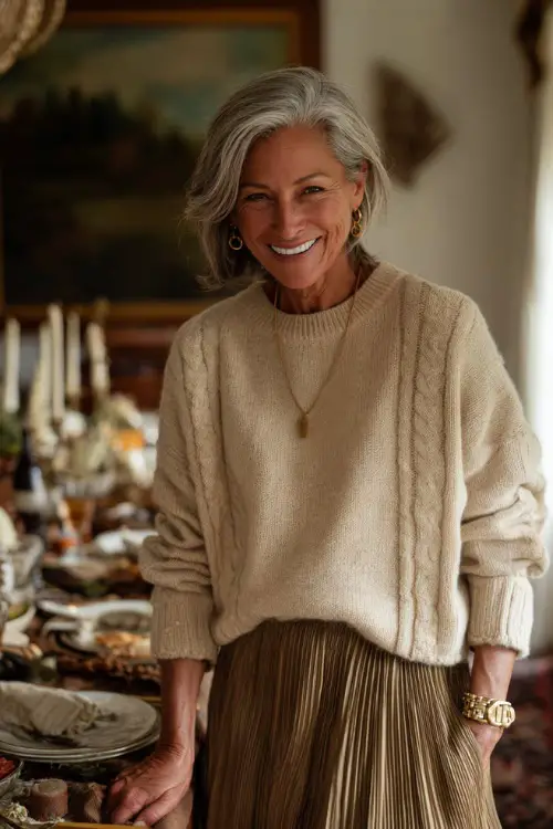 A woman over 50 in a soft beige knit sweater tucked into a pleated skirt with tights and loafers, smiling while setting a cozy Thanksgiving table 