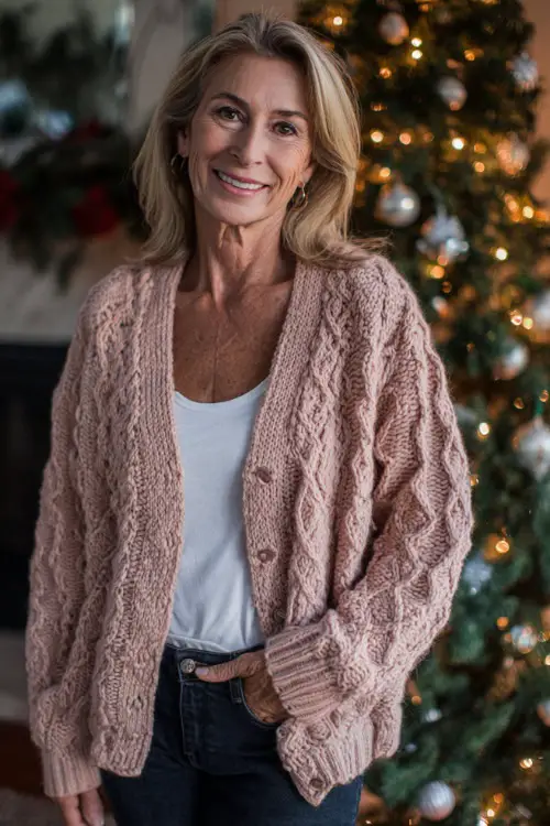 A woman over 50 in a soft blush knit cardigan paired with a white top, dark jeans, and polished loafers, standing near a Christmas tree with glowing ornaments