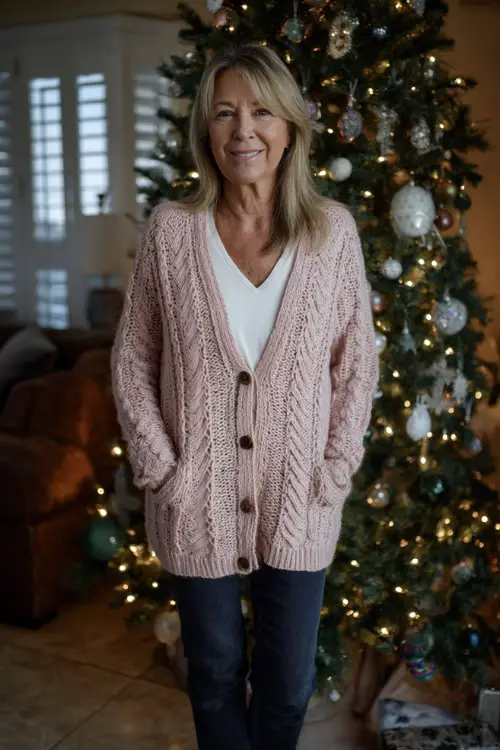 A woman over 50 in a soft blush knit cardigan paired with a white top, dark jeans, and polished loafers, standing near a Christmas tree with glowing ornaments