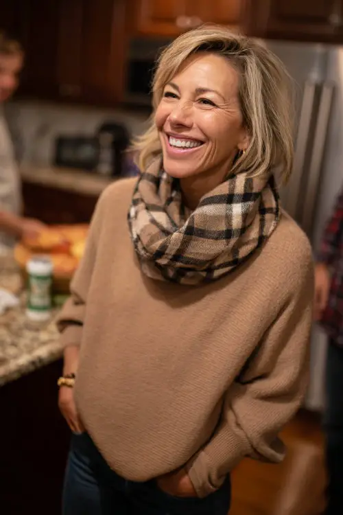 A woman over 50 in a soft brown sweater with a plaid scarf, black jeans, and loafers, laughing with family in a warmly lit kitchen during Thanksgiving dinner prep 