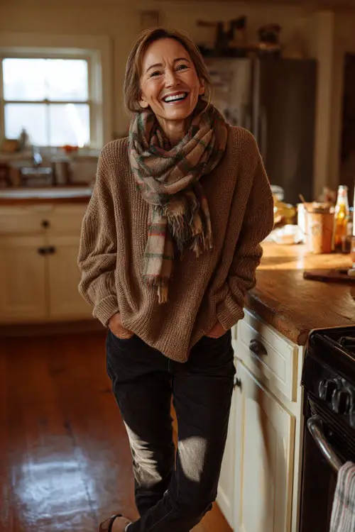 A woman over 50 in a soft brown sweater with a plaid scarf, black jeans, and loafers, laughing with family in a warmly lit kitchen during Thanksgiving dinner prep 