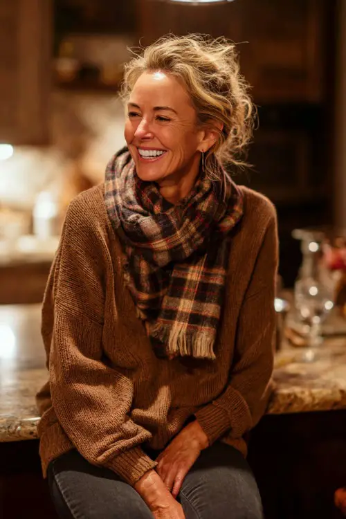 A woman over 50 in a soft brown sweater with a plaid scarf, black jeans, and loafers, laughing with family in a warmly lit kitchen during Thanksgiving dinner prep 