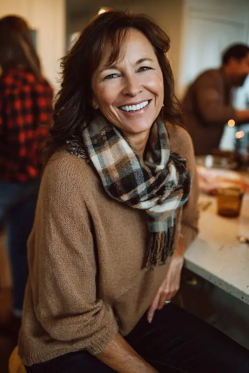 A woman over 50 in a soft brown sweater with a plaid scarf, black jeans, and loafers, laughing with family in a warmly lit kitchen during Thanksgiving dinner prep