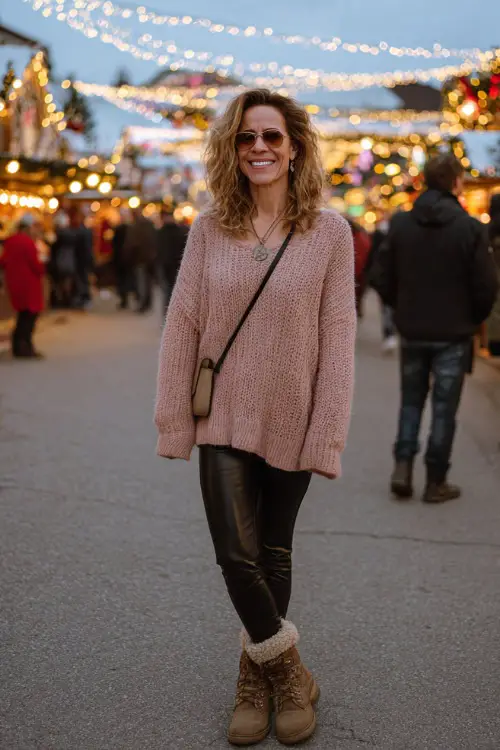A woman over 50 in a soft pink knit sweater paired with black leggings and fuzzy winter boots, standing at a cheerful Christmas market with twinkling lights