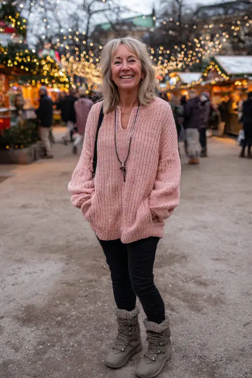 A woman over 50 in a soft pink knit sweater paired with black leggings and fuzzy winter boots, standing at a cheerful Christmas market with twinkling lights