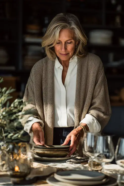 A woman over 50 in a soft taupe cardigan layered over a white blouse, paired with dark trousers and loafers, arranging Thanksgiving dishes on a dining table (