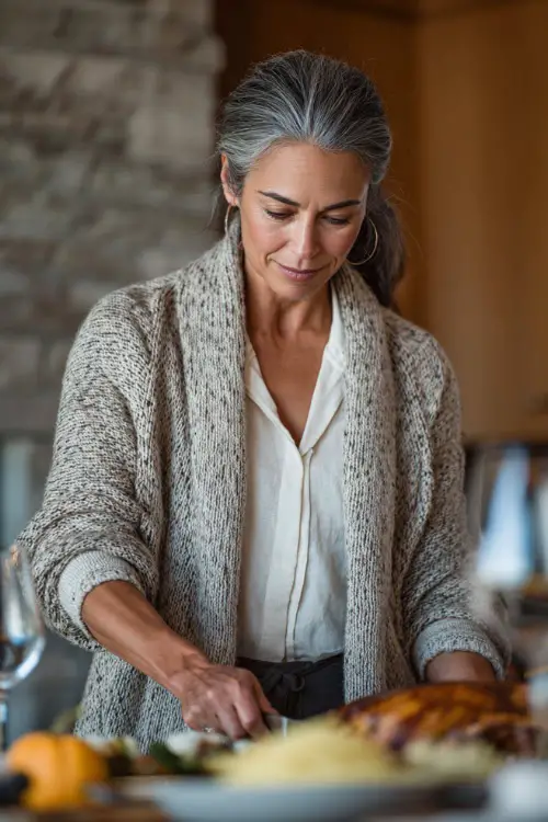 A woman over 50 in a soft taupe cardigan layered over a white blouse, paired with dark trousers and loafers, arranging Thanksgiving dishes on a dining table