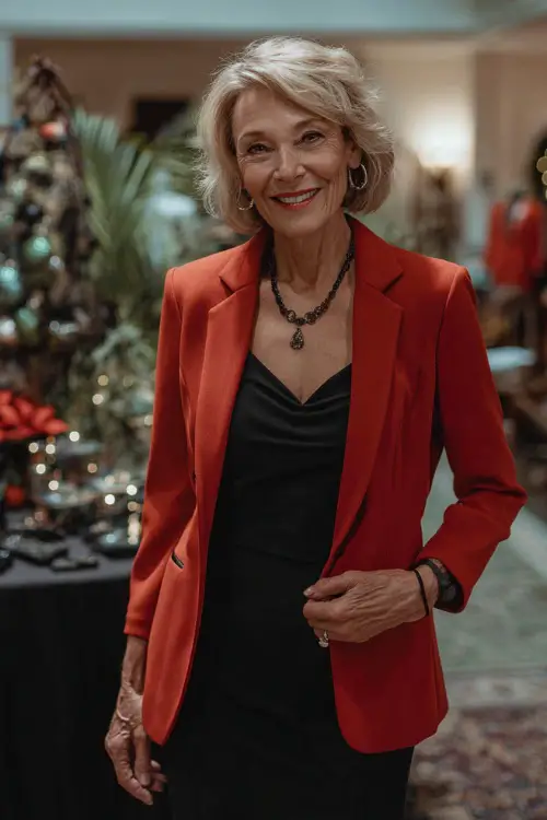 A woman over 50 in a tailored red blazer layered over a black sheath dress with minimal jewelry and pumps, posing near a classy indoor Christmas event setup