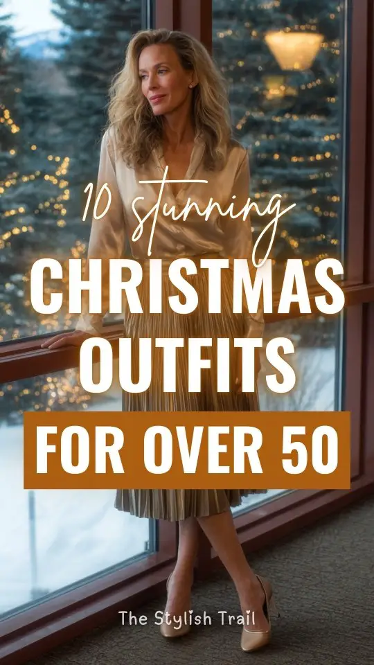 A woman over 50 wearing a Christmas outfit with a champagne satin blouse paired with a gold pleated skirt and heels