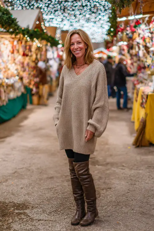 A woman over 50 wearing a beige oversized sweater with leggings and tall boots