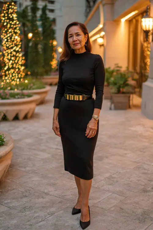 A woman over 50 wearing a black long-sleeve midi dress with a gold belt and classic pumps, standing in a refined holiday setting with soft Christmas lights 