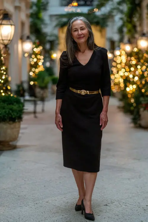 A woman over 50 wearing a black long-sleeve midi dress with a gold belt and classic pumps, standing in a refined holiday setting with soft Christmas lights