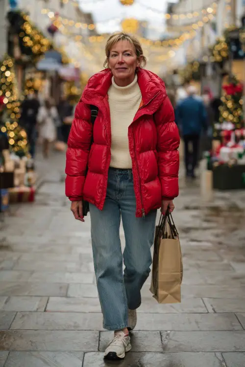 A woman over 50 wearing a bright red puffer jacket over a cream turtleneck with straight-leg jeans and comfortable sneakers, walking through a holiday shopping street 
