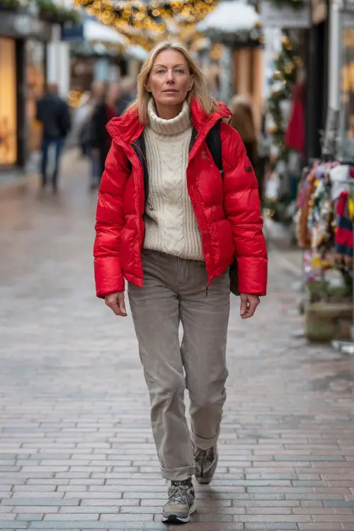 A woman over 50 wearing a bright red puffer jacket over a cream turtleneck with straight-leg jeans and comfortable sneakers, walking through a holiday shopping street