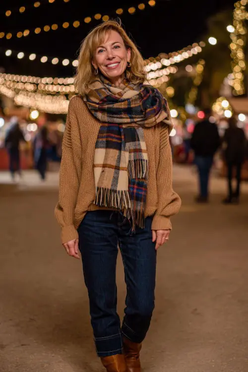 A woman over 50 wearing a camel knit sweater layered with a plaid scarf, dark denim, and polished ankle boots, walking through a holiday market with warm lights