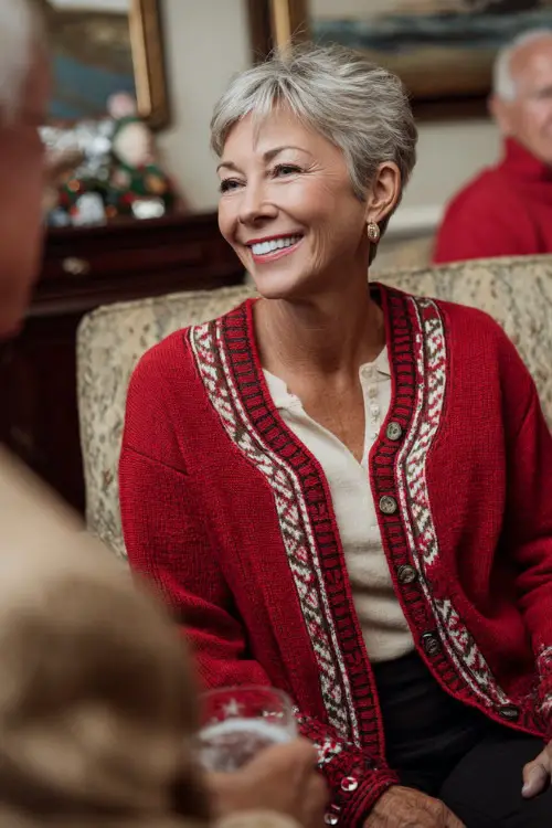 A woman over 50 wearing a charming red cardigan with holiday-inspired embroidery, paired with black trousers and loafers, chatting with friends at a friendly Christmas get-together