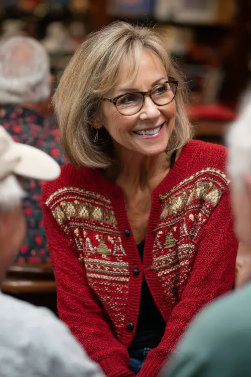 A woman over 50 wearing a charming red cardigan with holiday-inspired embroidery, paired with black trousers and loafers, chatting with friends at a friendly Christmas get-together