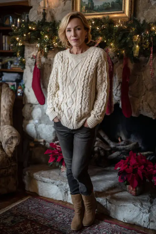 A woman over 50 wearing a cream cable-knit sweater with slim-fit jeans and suede boots, standing near a decorated fireplace at a relaxed Christmas gathering 