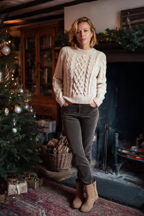 A woman over 50 wearing a cream cable-knit sweater with slim-fit jeans and suede boots, standing near a decorated fireplace at a relaxed Christmas gathering