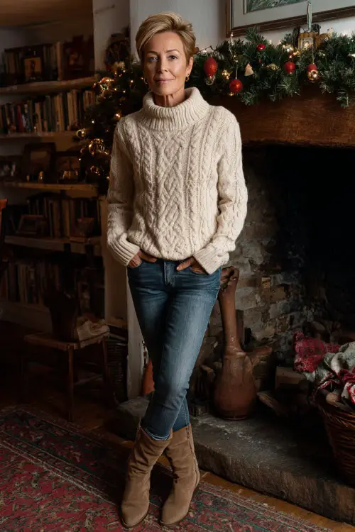 A woman over 50 wearing a cream cable-knit sweater with slim-fit jeans and suede boots, standing near a decorated fireplace at a relaxed Christmas gathering