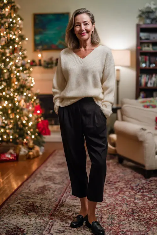 A woman over 50 wearing a cream cashmere sweater tucked into tailored black trousers with loafers, posing in a warm living room decorated with a Christmas tree and soft holiday lights 