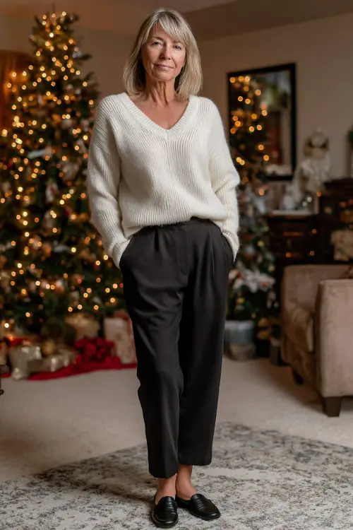 A woman over 50 wearing a cream cashmere sweater tucked into tailored black trousers with loafers, posing in a warm living room decorated with a Christmas tree and soft holiday lights 