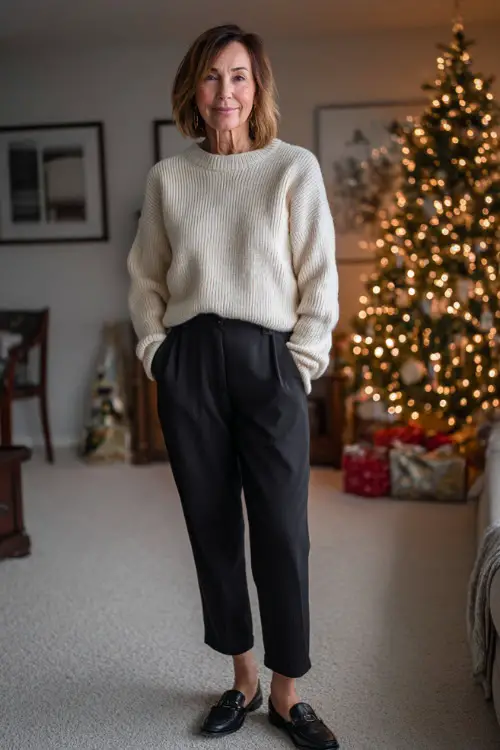 A woman over 50 wearing a cream cashmere sweater tucked into tailored black trousers with loafers, posing in a warm living room decorated with a Christmas tree and soft holiday lights