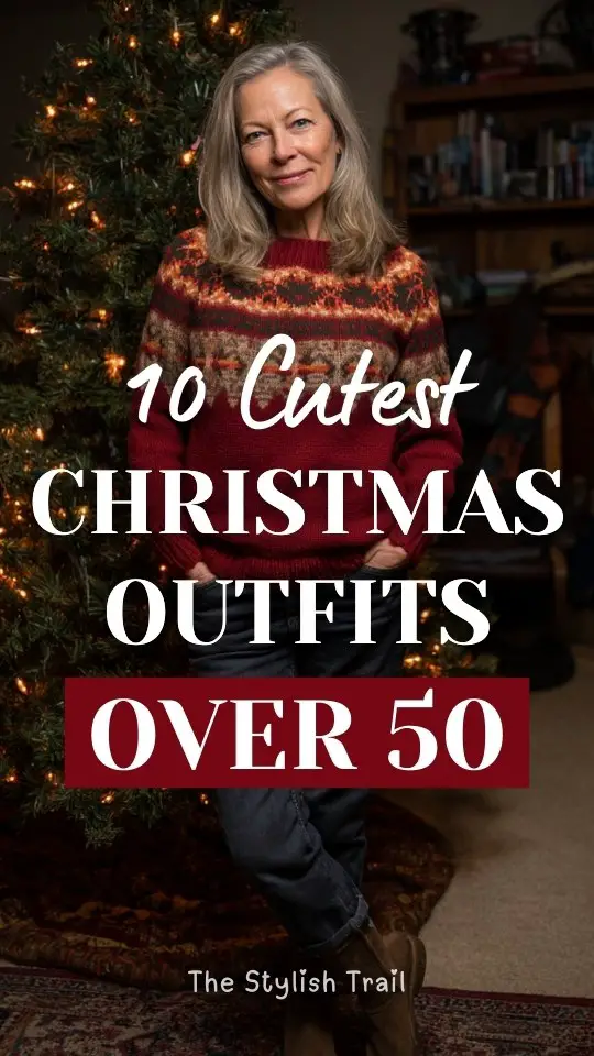 A woman over 50 wearing a cute Christmas outfit with a red knit sweater with a playful fair-isle pattern, paired with dark jeans and ankle boots