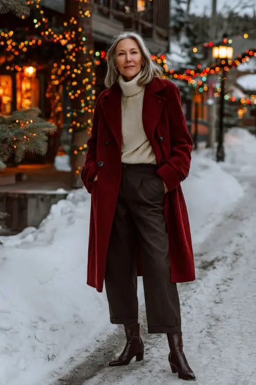 A woman over 50 wearing a deep red wool coat layered over a cream turtleneck sweater with dark trousers and heeled ankle boots 