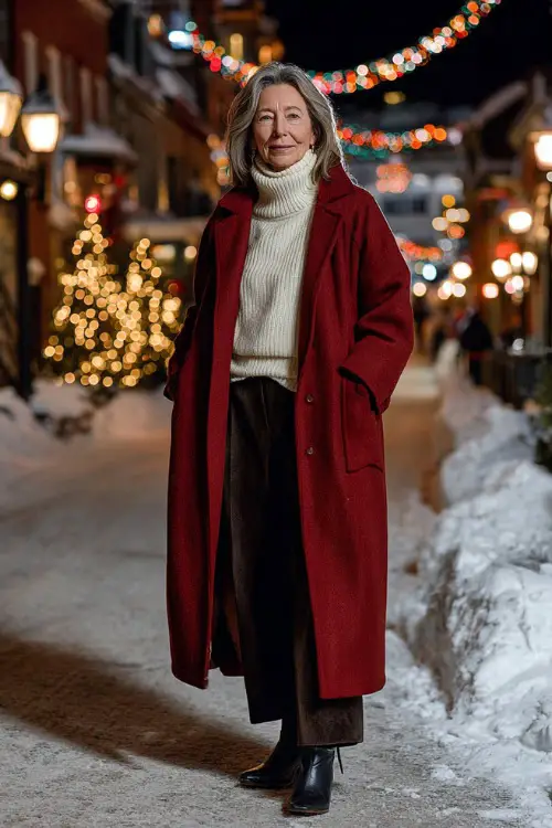 A woman over 50 wearing a deep red wool coat layered over a cream turtleneck sweater with dark trousers and heeled ankle boots
