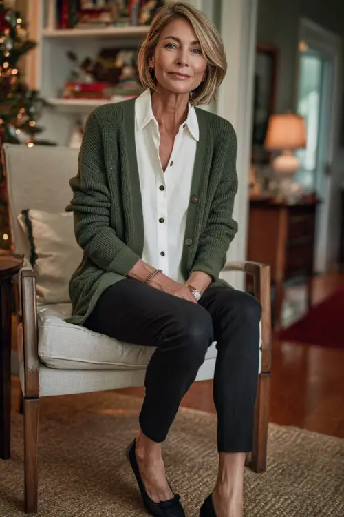 A woman over 50 wearing a forest-green cardigan over a white blouse with slim black pants and elegant flats, enjoying a cozy holiday home gathering 