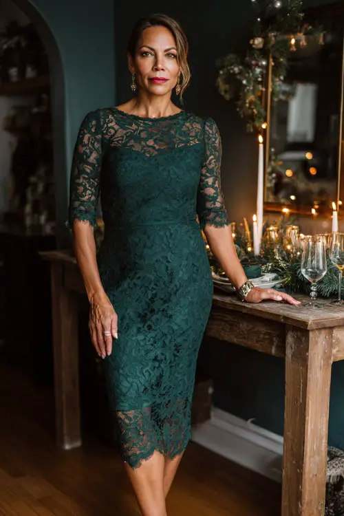 A woman over 50 wearing a forest-green lace dress with fitted sleeves and classic heels, standing inside a sophisticated holiday party space with garlands and candles