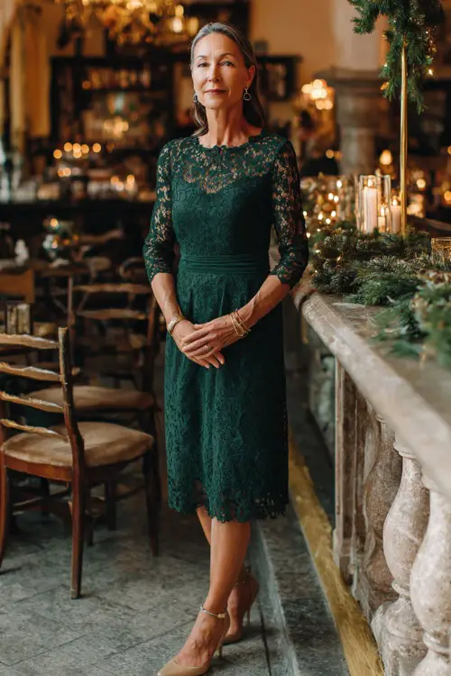 A woman over 50 wearing a forest-green lace dress with fitted sleeves and classic heels, standing inside a sophisticated holiday party space with garlands and candles 
