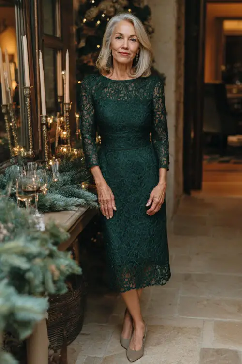 A woman over 50 wearing a forest-green lace dress with fitted sleeves and classic heels, standing inside a sophisticated holiday party space with garlands and candles