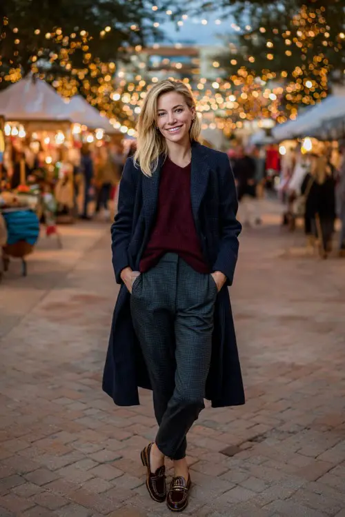 A woman over 50 wearing a navy long wool coat over a burgundy knit top with tailored pants and loafers