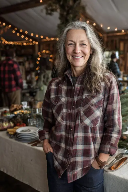 A woman over 50 wearing a plaid button-down shirt tucked into dark denim with brown boots, standing at a festive holiday potluck party with cheerful décor 