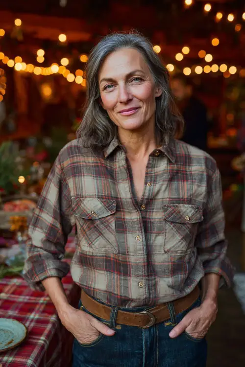A woman over 50 wearing a plaid button-down shirt tucked into dark denim with brown boots, standing at a festive holiday potluck party with cheerful décor