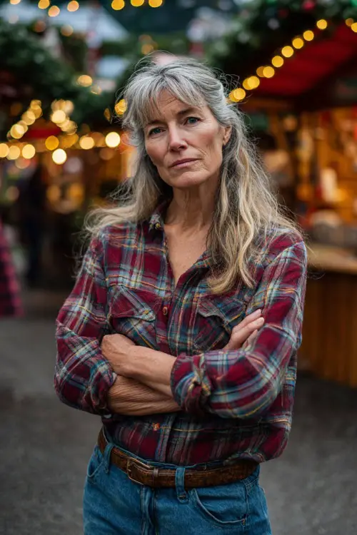 A woman over 50 wearing a plaid flannel shirt tucked into relaxed denim with brown boots