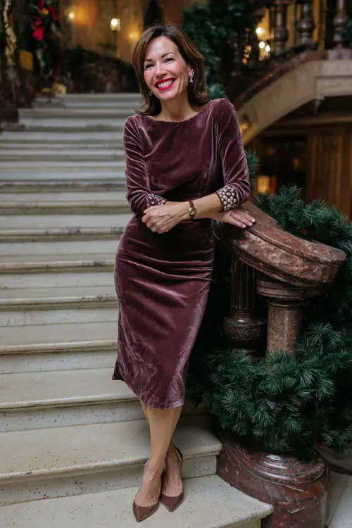 A woman over 50 wearing a plum velvet midi dress with pearl studs and heeled sandals, posing beside a grand Christmas staircase decorated with greenery 