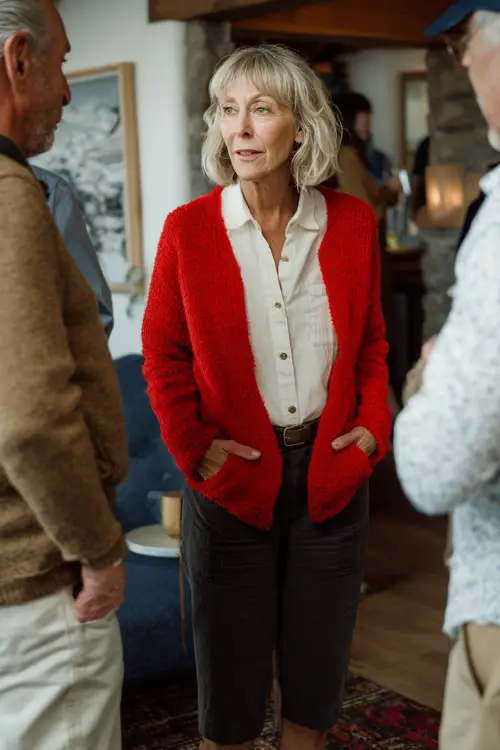 A woman over 50 wearing a red cardigan layered over a white blouse with black trousers and loafers 