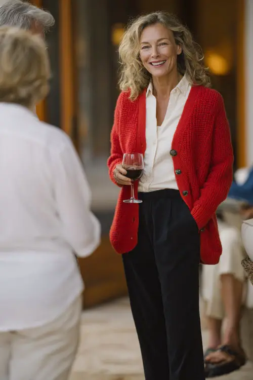 A woman over 50 wearing a red cardigan layered over a white blouse with black trousers and loafers