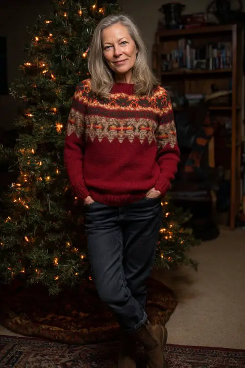 A woman over 50 wearing a red knit sweater with a playful fair-isle pattern, paired with dark jeans and ankle boots, standing beside a Christmas tree decorated with warm lights 