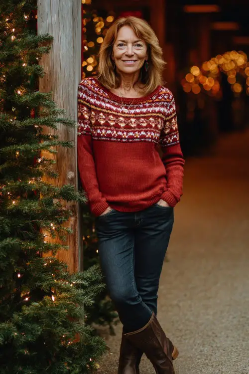 A woman over 50 wearing a red knit sweater with a playful fair-isle pattern, paired with dark jeans and ankle boots, standing beside a Christmas tree decorated with warm lights